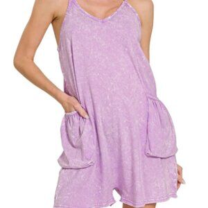 Zenana Acid Crinkle Washed Spaghetti Strap Romper